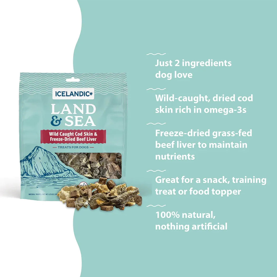 Icelandic+ Land & Sea Cod Skin & Freeze-Dried Beef Liver Treats for Dogs | 2.4 oz-Pets - Treats-Icelandic+-Appalachian Outfitters
